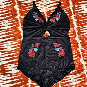 City Chic Black Floral Embroidered One-Piece Swimsuit – Size L - 18/20w